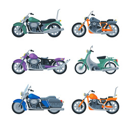 Poster - Motorcycle or Motorbike Type as Two-wheeled Motor Vehicle Side View Vector Set