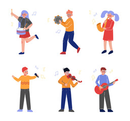 Poster - Teen Boy and Girl Playing Musical Instrument as Talented Musician Character Vector Set