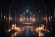 A Dimly Lit Church Filled With Lots Of Candles, Interior Ai Art Illustration 