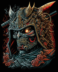 a close up of a person wearing a samurai mask, death, art illustration 