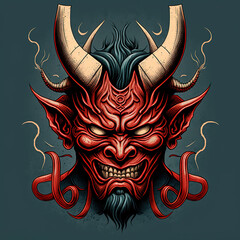 Canvas Print - a drawing of a demon mask with horns, oni mask, demon samurai mask, art illustration 