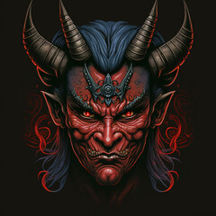 a drawing of a demon mask with horns, oni mask, demon samurai mask, art illustration 