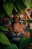 Fototapeta Konie - A close up of a tigers face surrounded by leaf. Generative AI