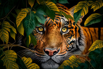 Wall Mural - A close up of a tigers face surrounded by leaf. Generative AI