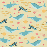 Fototapeta Pokój dzieciecy - Vector seamless pattern with whale, killer whale, diver, shrimp, algae.Underwater cartoon creatures.Marine background.Cute ocean pattern for fabric, childrens clothing,textiles,wrapping paper