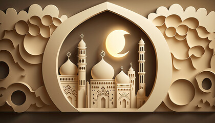 Wall Mural - Ramadhan mosque paper cut colored background. Generative AI