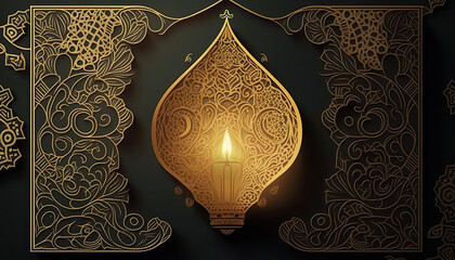 Wall Mural - Islamic design greeting card background template with crescent moon and islamic lantern. Generative AI