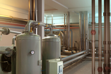 Poster - boiler room. basement with pipes. metal tanks with heating sensors. boiler equipment. engineering ro