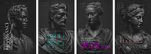 Black Antique Busts. Set Of Vector Illustrations. Typography Design And Vectorized 3D Illustrations On The Background.