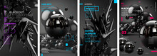 Black Abstract Surreal 3d Shapes. Set Of Vector Illustrations. Typography Design And Vectorized 3D Illustrations On The Background.