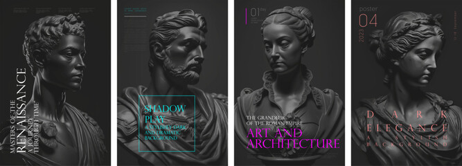 black antique busts. set of vector illustrations. typography design and vectorized 3d illustrations 