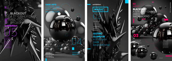 black abstract surreal 3d shapes. set of vector illustrations. typography design and vectorized 3d i