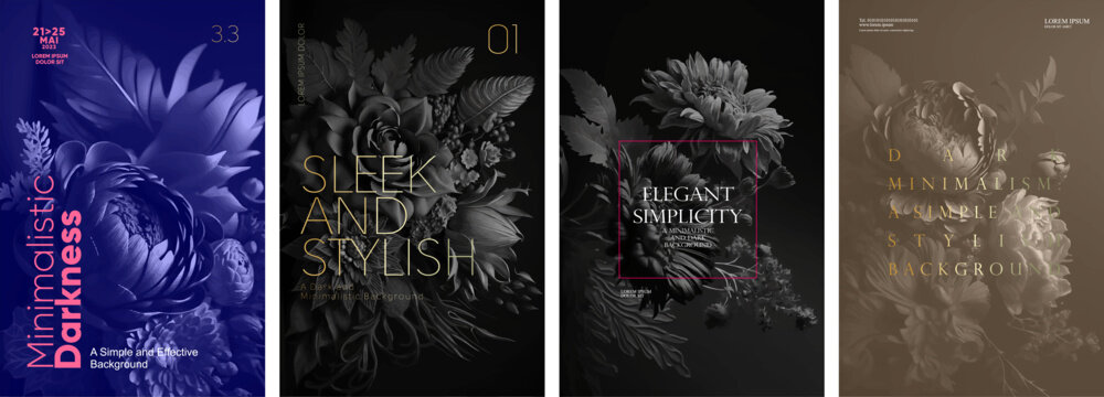 black floral backgrounds. dark tones. set of vector illustrations. typography design and vectorized 