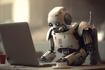 Fototapete - Robot answering questions on a laptop, sci-fi, ai art illustration. Generative ai
