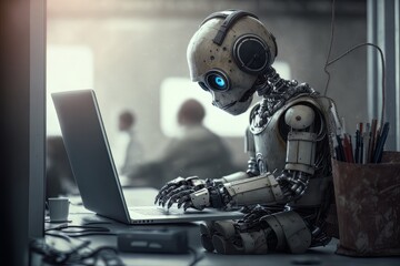 Fototapete - Robot answering questions on a laptop, sci-fi, ai art illustration. Generative ai