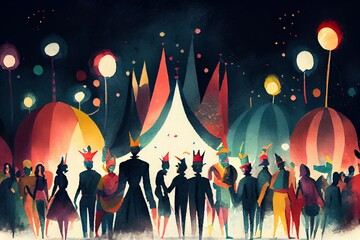 Wall Mural - Watercolor Illustration of a Colorful Carnival Parade In The Night, Illustration. Generative AI