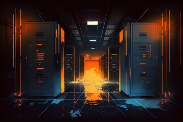 Canvas Print - Watercolor Illustration of a Dark Servers Data Center Room With Computers And Storage Systems And Orange Blue Glowing Elements. Imagery. Generative AI