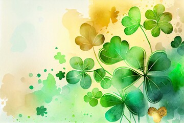 Wall Mural - Watercolor Illustration of a Festive Background With Shining Clover Shamrocks And Golden Bokeh. St. PatrickS Day Backdrop. Illustration. Generative AI