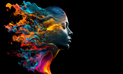 silhouette of a human face, abstract liquid hair on a black background with copyspace. futuristic il