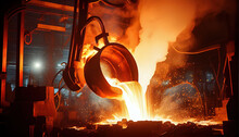 Liquid Steel Is Poured From A Metallurgical Ladle, Ai Generated