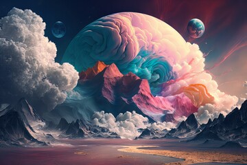 Poster - World within worlds - moon as a portal rift to another dimension in time and space with turbulent ocean waves and surreal clouds. Fantasy unreal sci-fi seascape - Generative AI