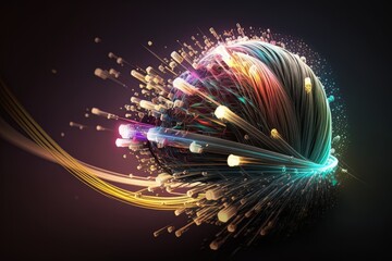Poster - A bundle of thin translucent fibers glowing with data signals in vibrant colors. Generative ai