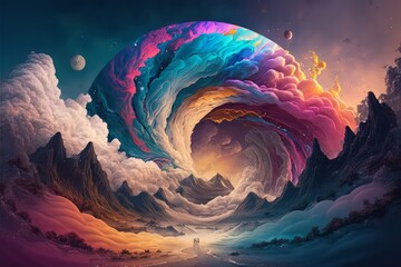 Poster - World within worlds - moon as a portal rift to another dimension in time and space with turbulent ocean waves and surreal clouds. Fantasy unreal sci-fi seascape - Generative AI