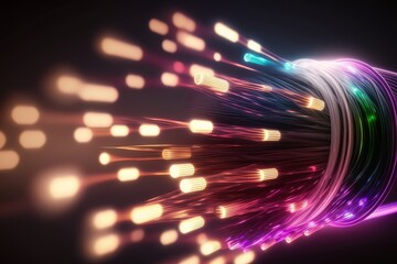 Poster - A bundle of thin translucent fibers glowing with data signals in vibrant colors. Generative ai