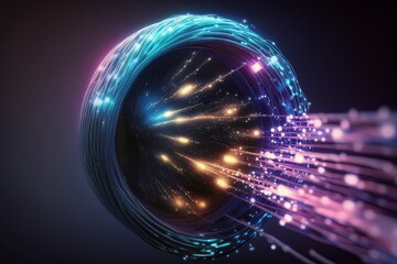 Poster - A bundle of thin translucent fibers glowing with data signals in vibrant colors. Generative ai