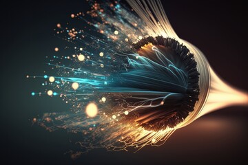 Poster - A bundle of thin translucent fibers glowing with data signals in vibrant colors. Generative ai