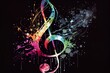 Watercolor Illustration of a Music Stave And Treble Clef Colorful Splash Illustration On Black Background, Horizontal Banner With Copy Space. Generative AI