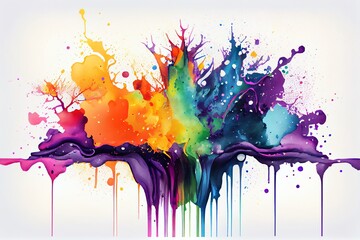 Wall Mural - Watercolor Illustration of a Panorama Exploding Liquid Paint In Rainbow Colors With Splashes Header Illustration. Generative AI