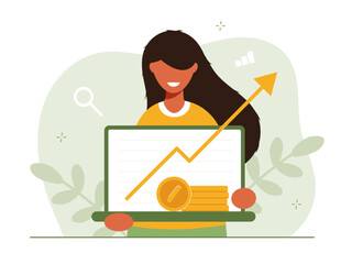 Poster - Analyst looks graph of earnings growth. Marketing data analysis. Business profit report. Successful investment of capital or money. Modern flat colorful vector illustration for banner, poster.
