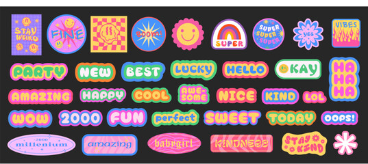 Sticker - Cool Y2K Stickers Vector Pack. Set of Trendy Groovy Patches. Pop Art Smile Emoji Labels. Vaporwave 2000s Graphics.