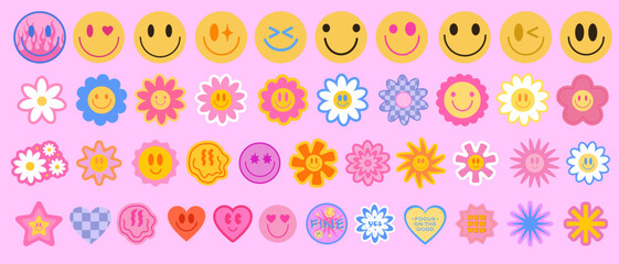 Poster - Cool Y2K Stickers Vector Pack. Set of Trendy Groovy Patches. Pop Art Smile Emoji Labels. Vaporwave 2000s Graphics.