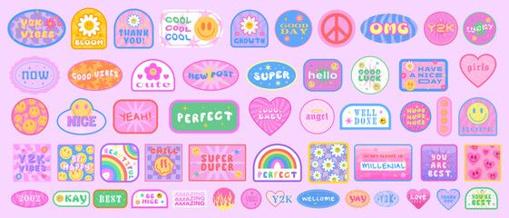 Canvas Print - Cool Y2K Stickers Vector Pack. Set of Trendy Groovy Patches. Pop Art Smile Emoji Labels. Vaporwave 2000s Graphics.