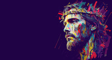 Colorful Abstract Portrait Jesus Impasto Painting Art. Banner Christ In A Crown Of Thorns Pop Art Poster Easter Holiday And Good Friday Copy Space. Generative Ai
