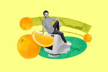 Poster - Creative photo collage sketch of cheerful guy sitting on vintage monitor pushing oranges inside display isolated on drawing background