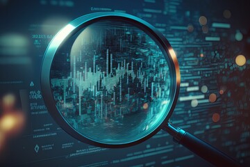 Poster - Magnifying glass search of investing and stock market. Generative AI