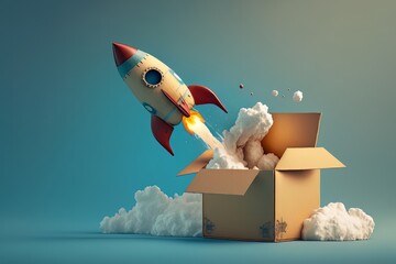 Rocket taking off from cardboard box, Generative ai