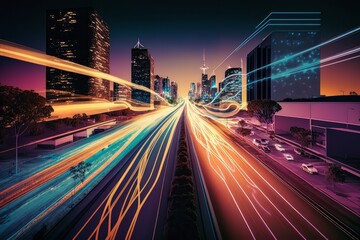 Poster - Smart digital city with high speed light trail of cars of digital data transfer ai generated