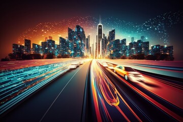 Poster - Smart digital city with high speed light trail of cars of digital data transfer ai generated
