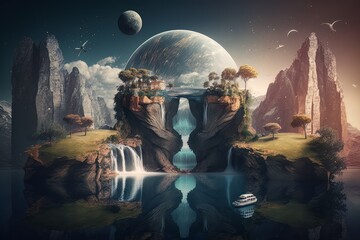 Poster - Fairytale natural green environment background. Illustration AI Generative