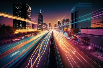 Poster - Smart digital city with high speed light trail of cars of digital data transfer ai generated
