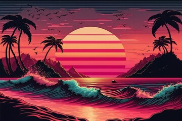 Aufkleber - Retro futuristic synthwave style sunset at the beach colorful background with super moon behind it, generated with AI. Suitable for background design, wallpaper, futuristic website, poster, banner