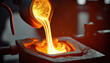Liquid gold poured into graphite casting form from furnace, ai generated
