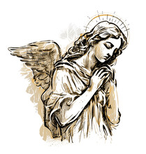 Angel With Wings And Halo Is Praying. Generative AI, Hand Drawn Illustration In Vintage Engraving Style