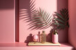 © kristina - pink interior wall and table setting with palm leaf decoration, mockup, generative ai