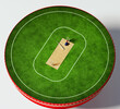 3D Render Of Cricket Stadium with Playground, bat ball and stamps with helmet