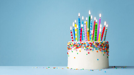 celebration birthday cake with twenty one colorful birthday candles